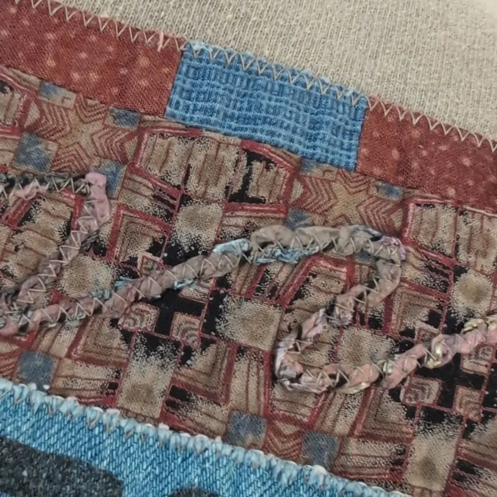 Women's vintage boho patchwork denim embroidered‎ sweatshirt size XL